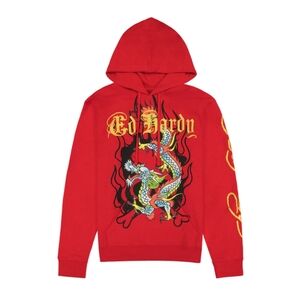 Ed Hardy Hoodie Dragon Red Pullover Mens Graphic Biker Rock Tattoo